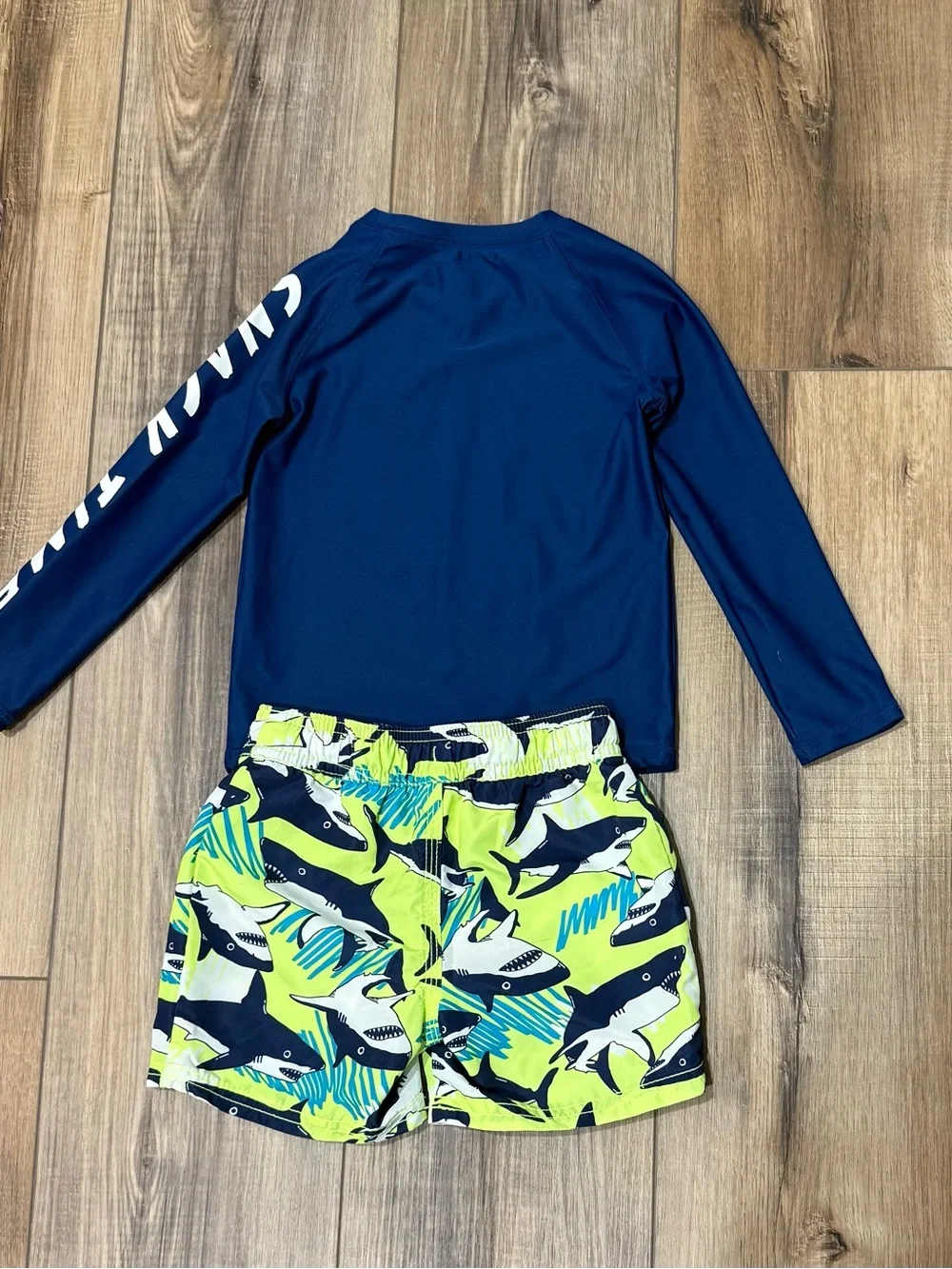 OshKosh B'gosh Navy Blue Shark Rash Guard Set with Lime Shark Swim Trunks